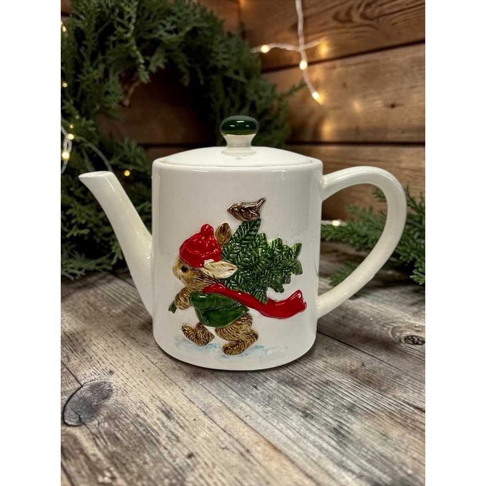 Vintage Gibson Greeting Co Teapot Christmas Bunny Rabbit Tree Japan Cream
